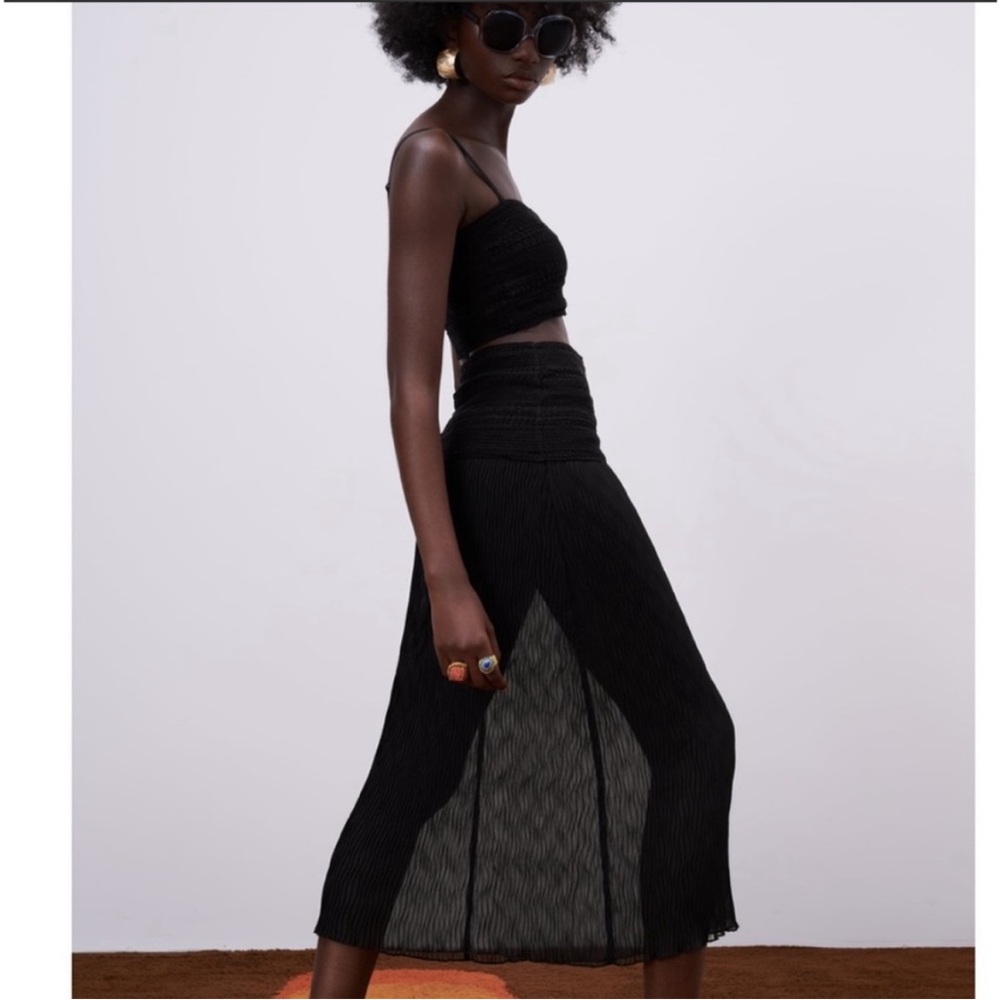 NWT Zara black knit crochet mixed combination crocheted mesh sheer midi skirt